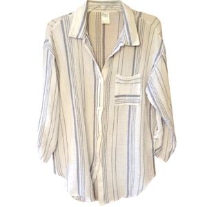 Kona Sol Blue &‎ White Stripe Casual Button Down Coverup Tabbed Sleeves Size S